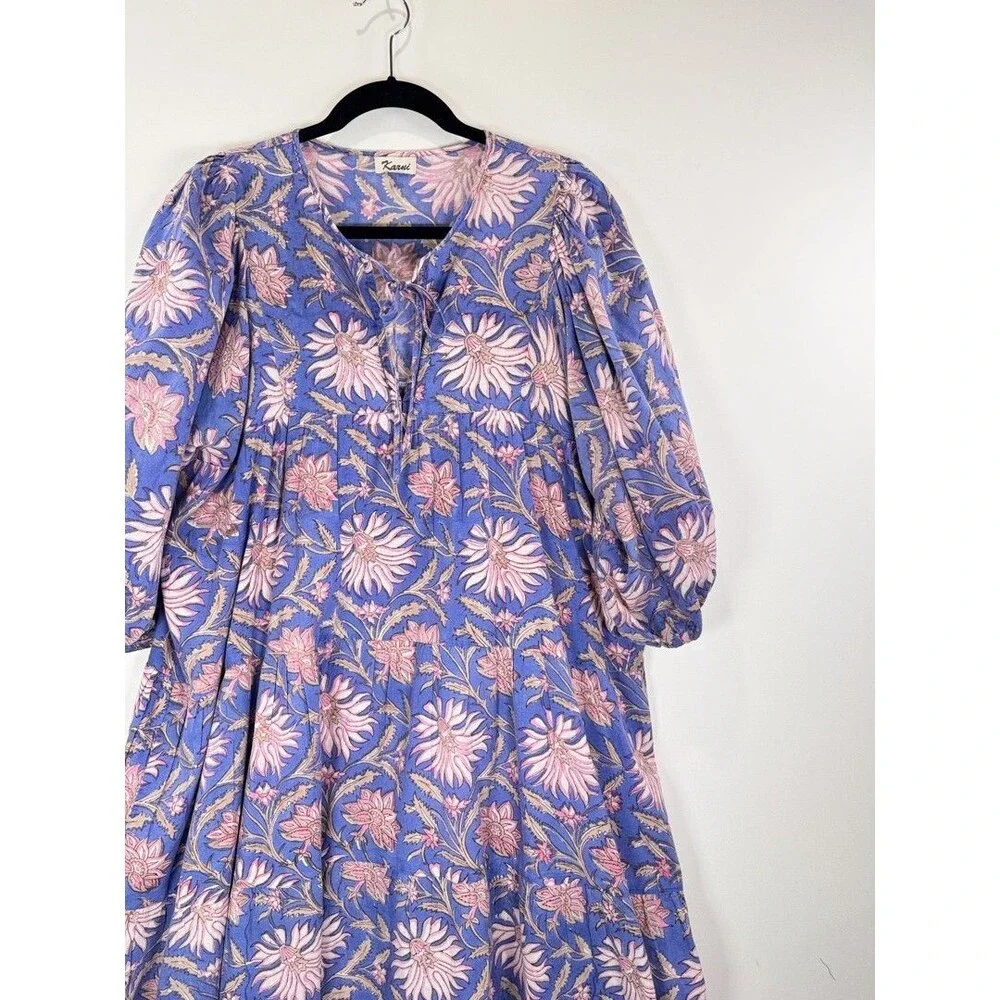 Karni Womens Dress Purple Mini Floral V Neck Puffed A Line Babydoll Boho Large - Picture 4 of 12